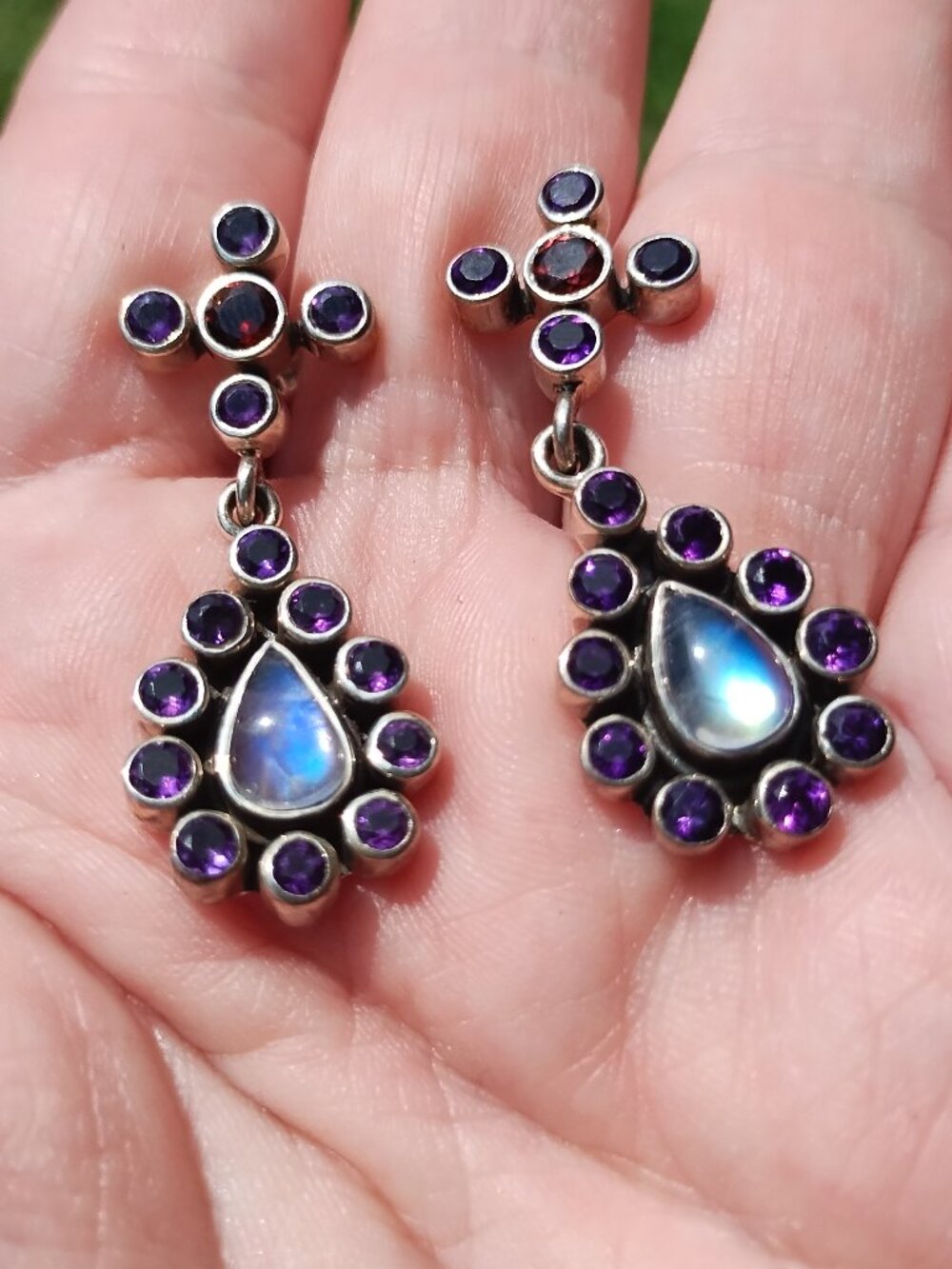 Nicky Butler NB 925 Sterling Silver Moonstone Amethyst Garnet Dangle Earrings